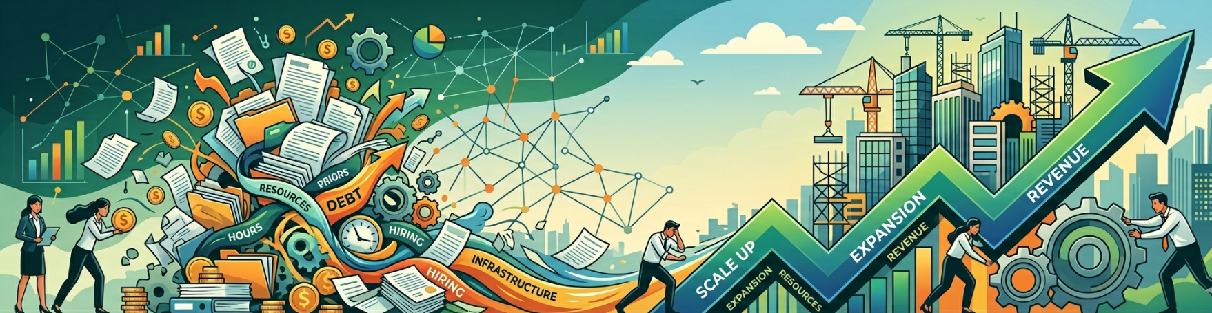 sujet for a blog post in this format: 1758 x 455., picturing images that symbolize company growth but with an underlying cost aspect
