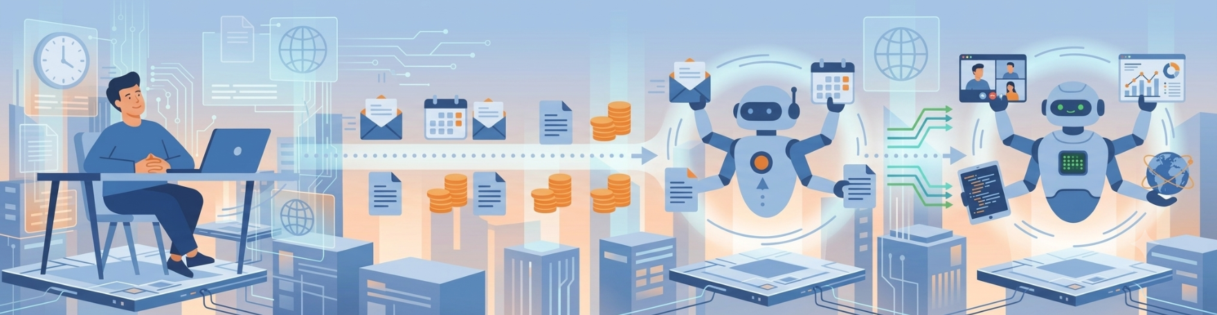 Flat design wide landscape illustration. On the left side, a relaxed person sitting at a desk with a laptop, leaning back, hands folded. On the right side, an abstract AI figure or robot icon actively working: sending emails, updating a calendar, creating documents. Connected by a subtle arrow or dotted line showing delegation. Floating icons between them: email, calendar, document, coin stack. Color palette: blue, orange, white background. Clean minimal flat style, corporate tech aesthetic. No text.