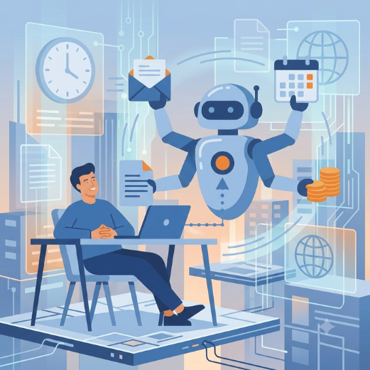 Flat design wide landscape illustration. On the left side, a relaxed person sitting at a desk with a laptop, leaning back, hands folded. On the right side, an abstract AI figure or robot icon actively working: sending emails, updating a calendar, creating documents. Connected by a subtle arrow or dotted line showing delegation. Floating icons between them: email, calendar, document, coin stack. Color palette: blue, orange, white background. Clean minimal flat style, corporate tech aesthetic. No text.